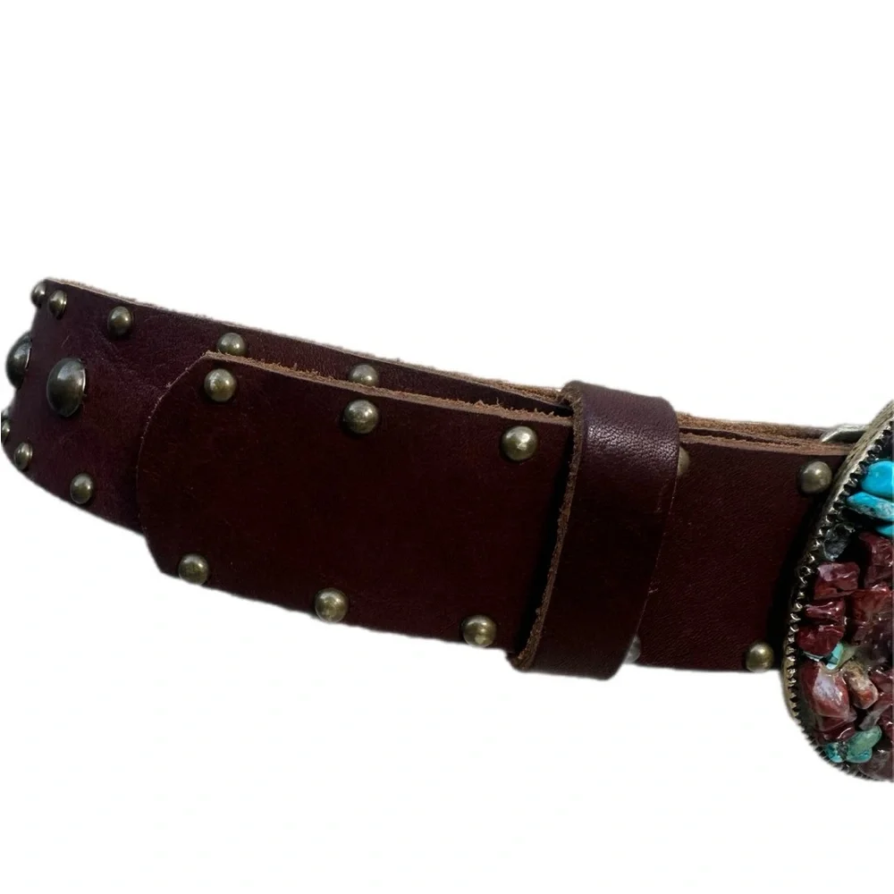 Vintage 90s Bebe Leather Studded Belt M/L Made in USA Southwest Mosaic Buckle